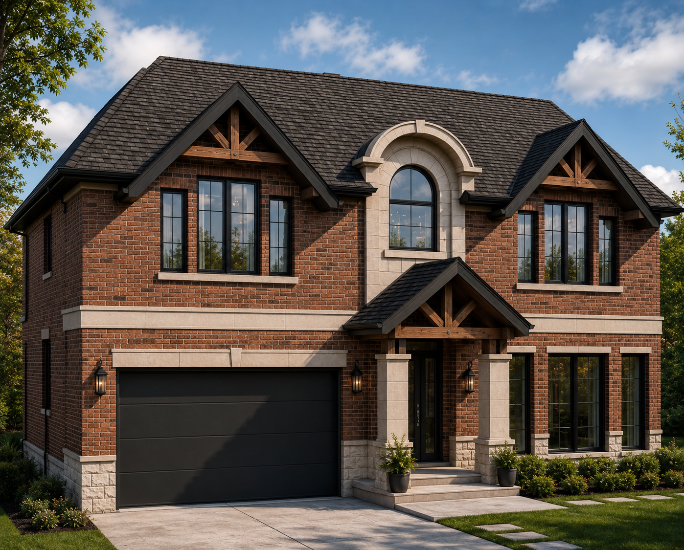 Architectural rendering of a heritage brick-and-limestone two-storey custom home in Brant, Burlington